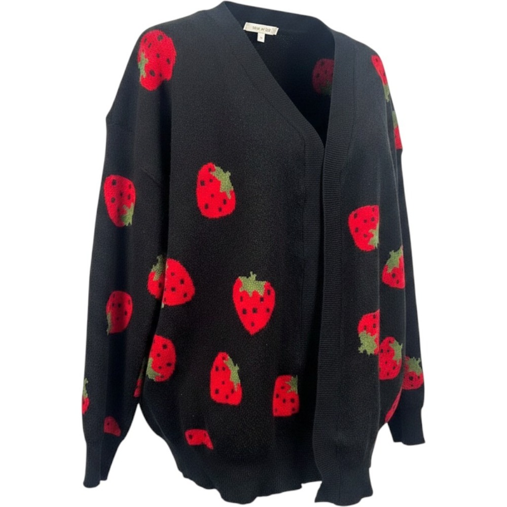 Strawberry Pattern Cardigan Sweater Black Red Oversized Twee Coquette Womens L